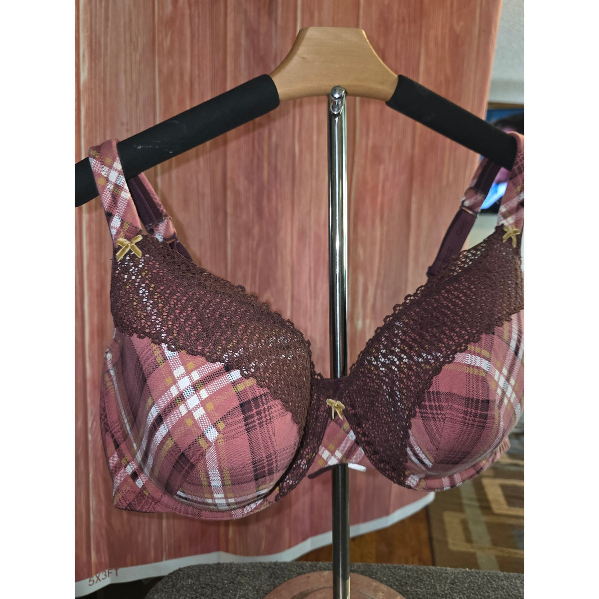 NWOT Cacique Lane Bryant Balconette Bra 46C Pink Brown Plaid Lace Underwire $65