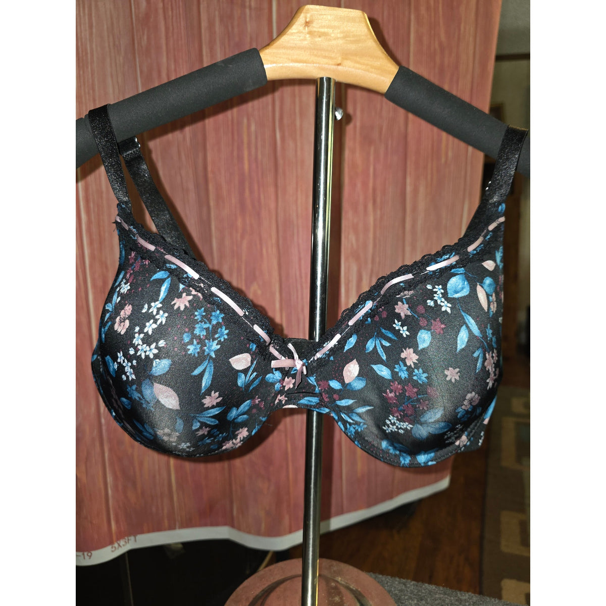 NWOT Just Be 42D Balconette Bra Black Blue Pink Floral Lace Underwire Ribbon