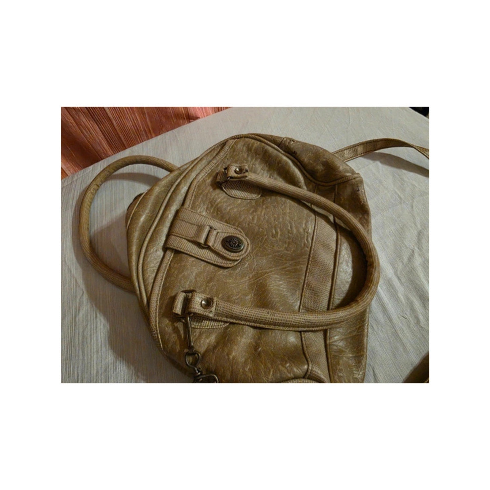 Vintage Y2K Taupe Textured Crossbody Satchel - Brass Details & Double Handles