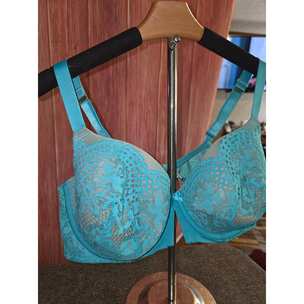 Cacique Lane Bryant Turquoise Lace Balconette Bra 46C (MSRP $55)