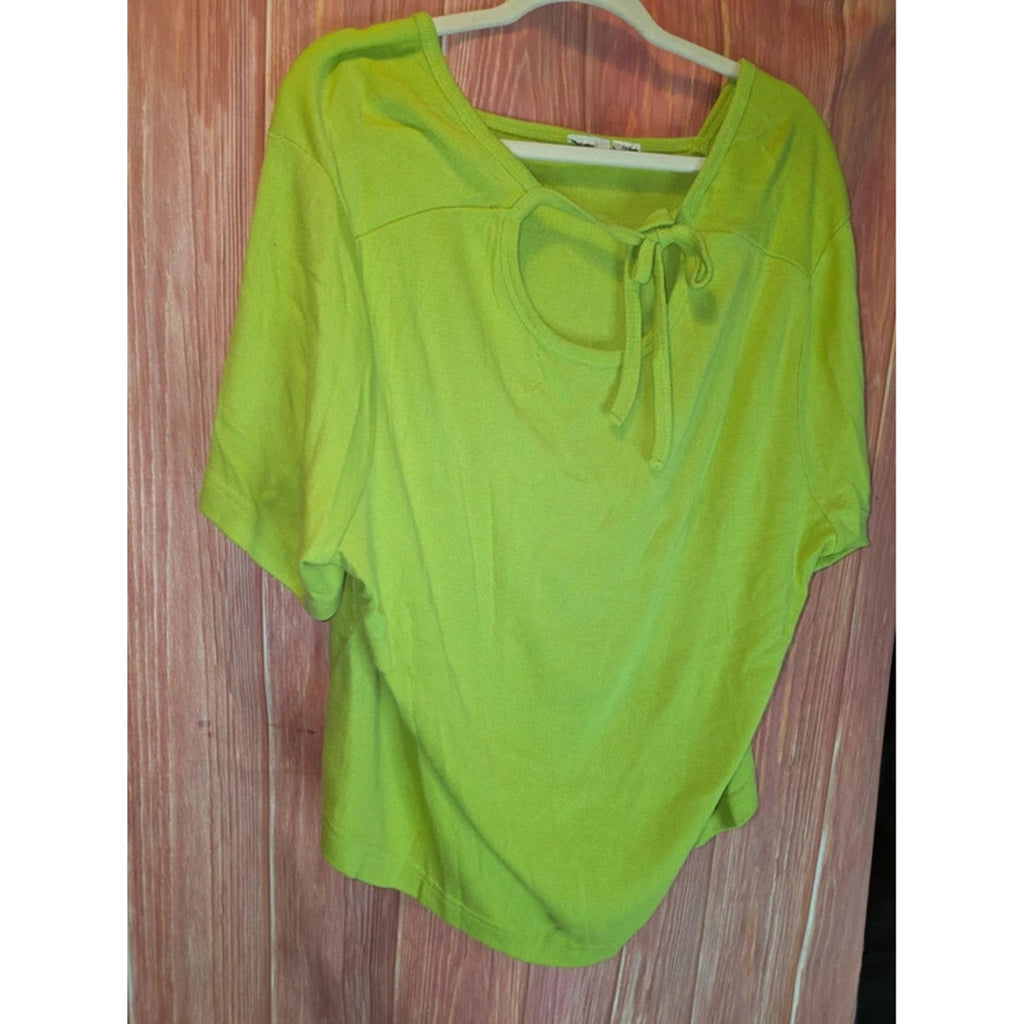 Bright Lime Green Keyhole Tie Neck Dolman Short Sleeve Top 24W Plus