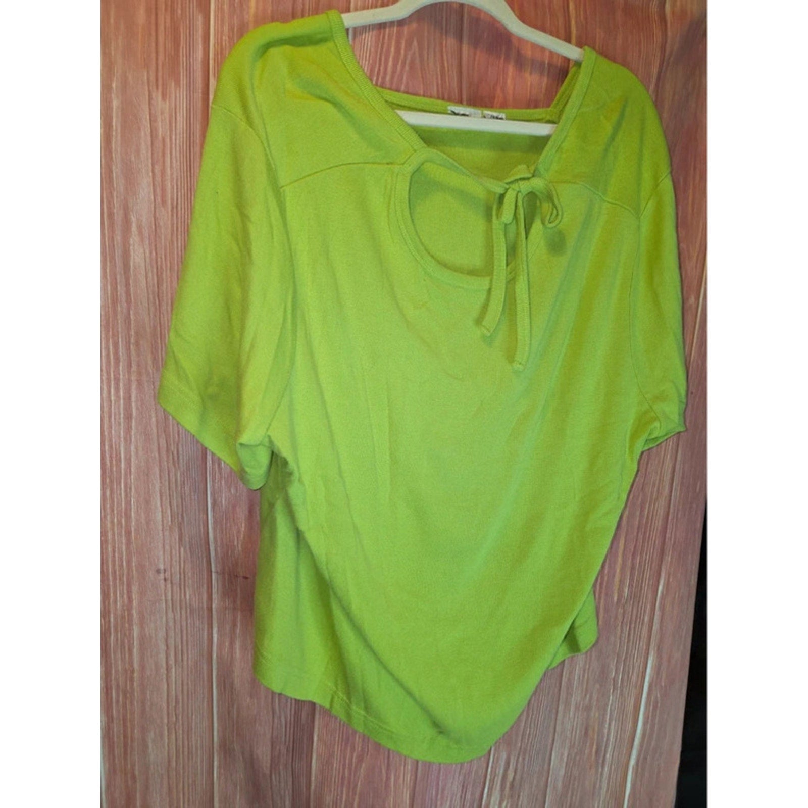 Bright Lime Green Keyhole Tie Neck Dolman Short Sleeve Top 24W Plus