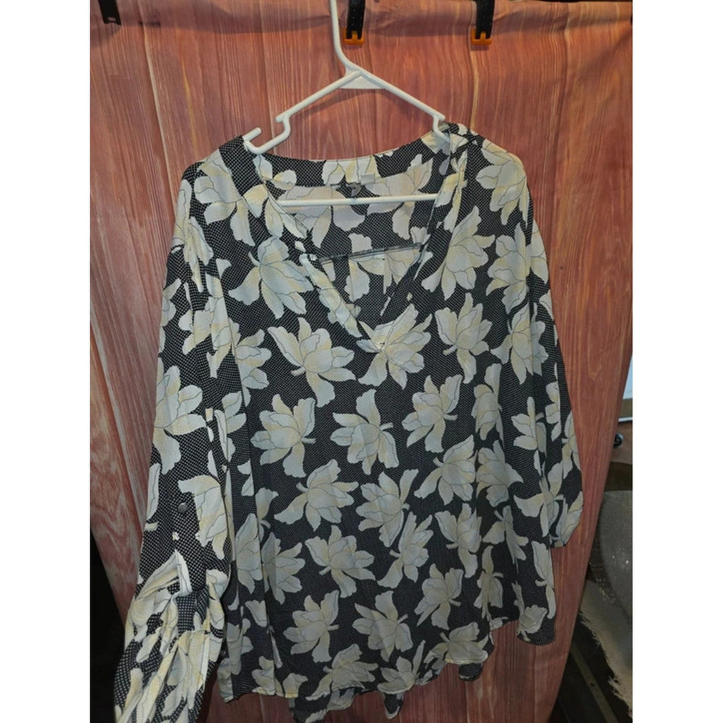 EST. 1946 3X Floral Polka Dot Chiffon Blouse Black White Yellow Roll Tab Sleeve