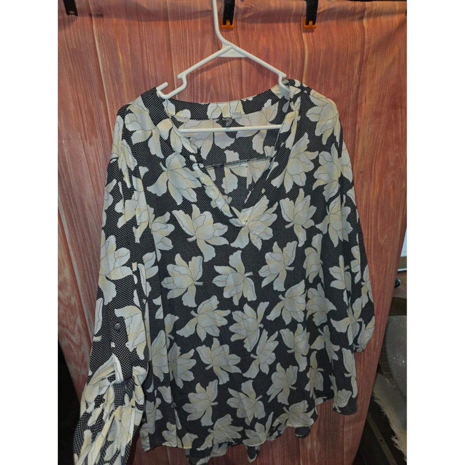 EST. 1946 3X Floral Polka Dot Chiffon Blouse Black White Yellow Roll Tab Sleeve