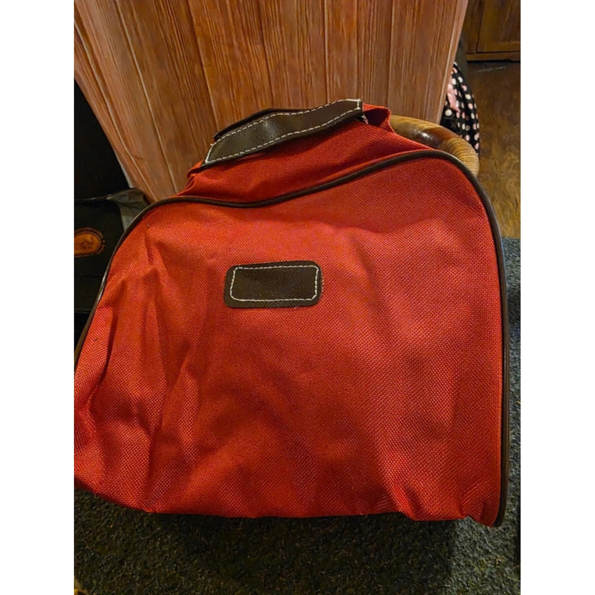 Brick Red Canvas Shoe Bag Travel Packing Cube Brown Faux Leather Trim