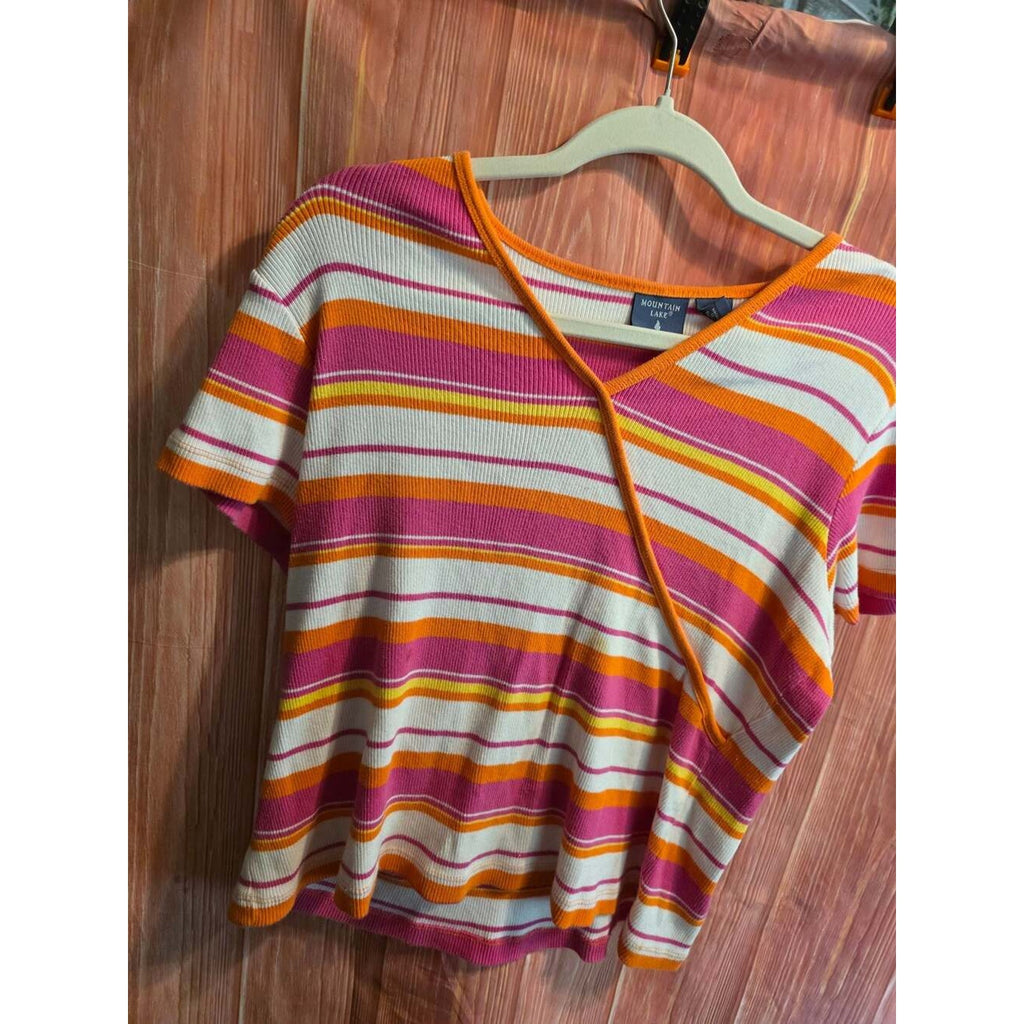 Mountain Lake Short Sleeve Striped V-Neck Wrap Knit T-Shirt Medium
