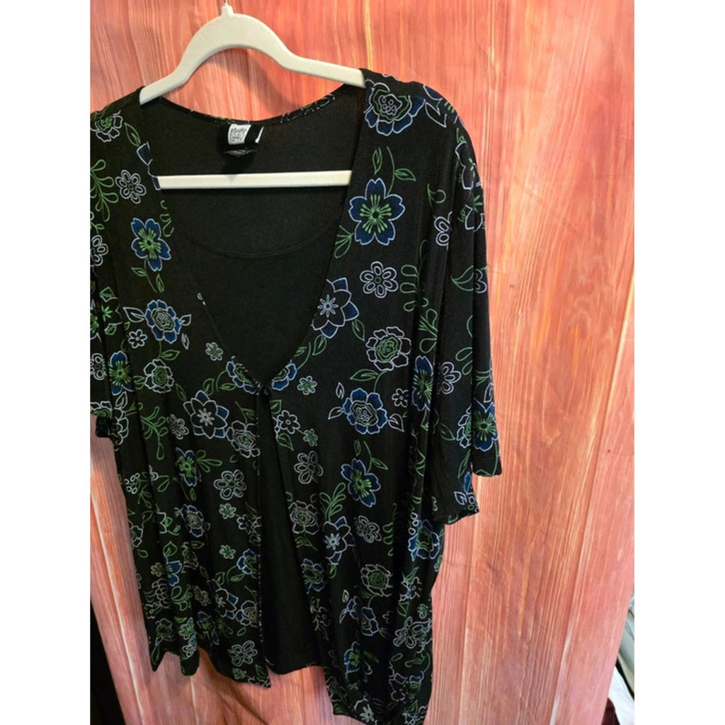 Studio 1940 Womens Plus 3X 2-in-1 Layer Floral Cardigan Top Black Blue Green USA