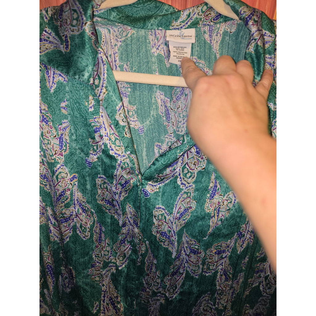 Jaclyn Smith Womens 3X Green Paisley Plisse Textured Satin Button Shirt Blouse