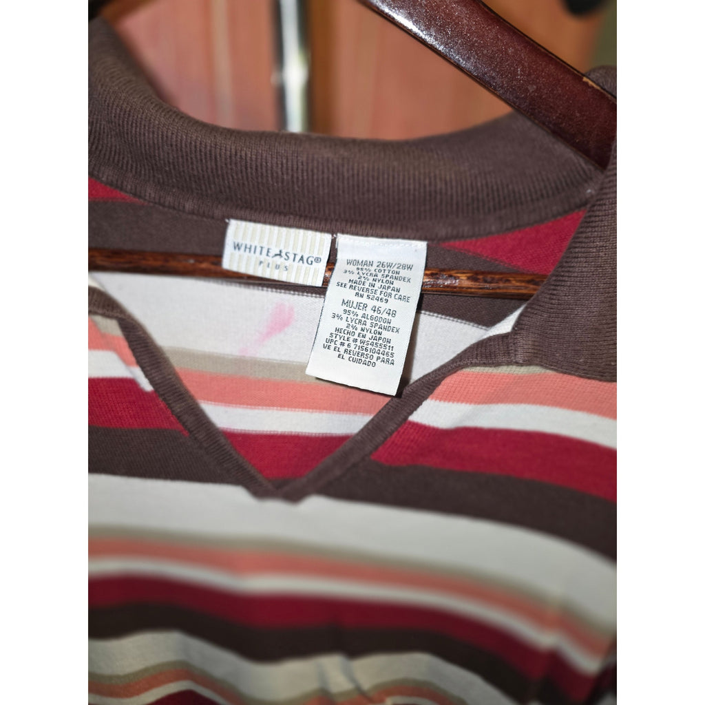 White Stag Plus 26W/28W Striped Knit Polo Top Short Sleeve Brown Burgundy Beige