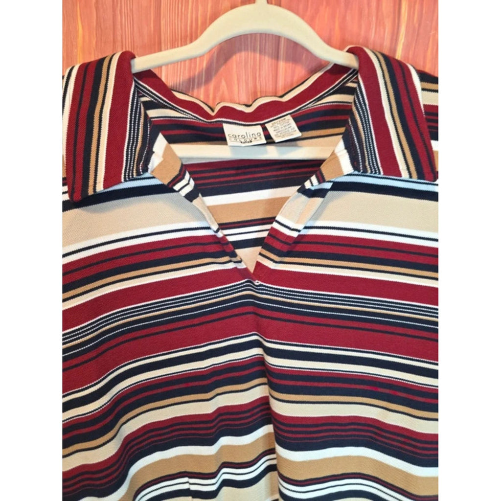 Carolina Colours Plus Burgundy Navy Tan Striped Johnny Collar Polo Top 26/28W