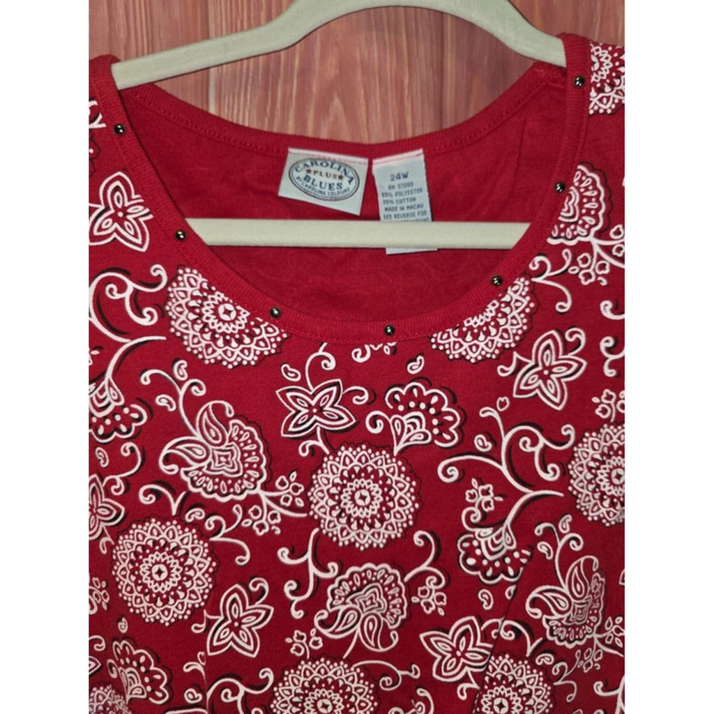 Carolina Blues Red Bandana Paisley Floral Studded Scoop Neck Top 24W