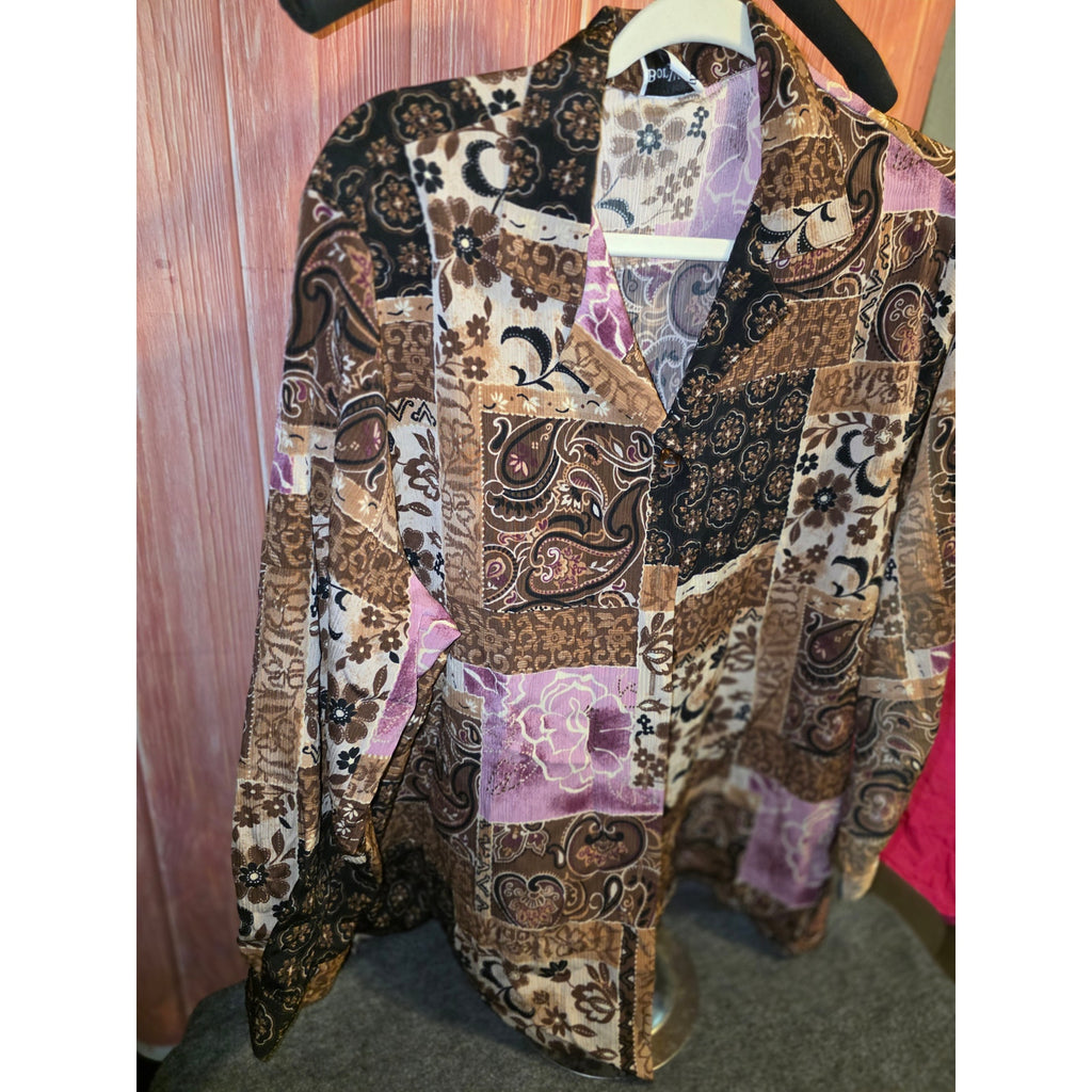 Bon Worth Womens 26/28 Plus Patchwork Paisley Floral Textured Knit Button Shirt
