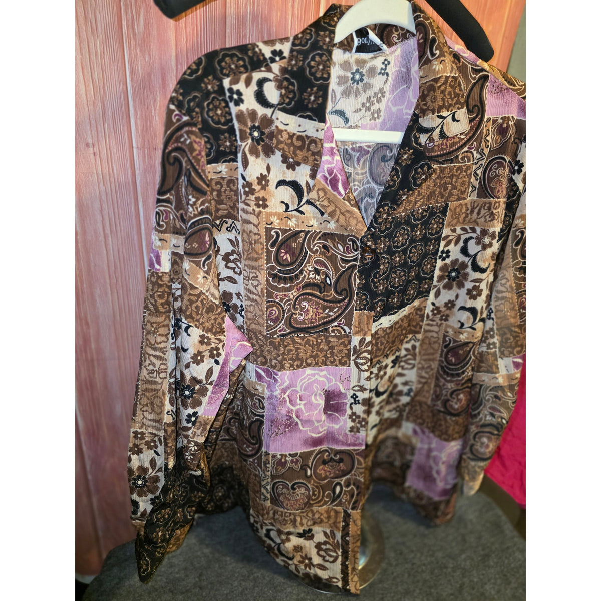 Bon Worth Womens 26/28 Plus Patchwork Paisley Floral Textured Knit Button Shirt