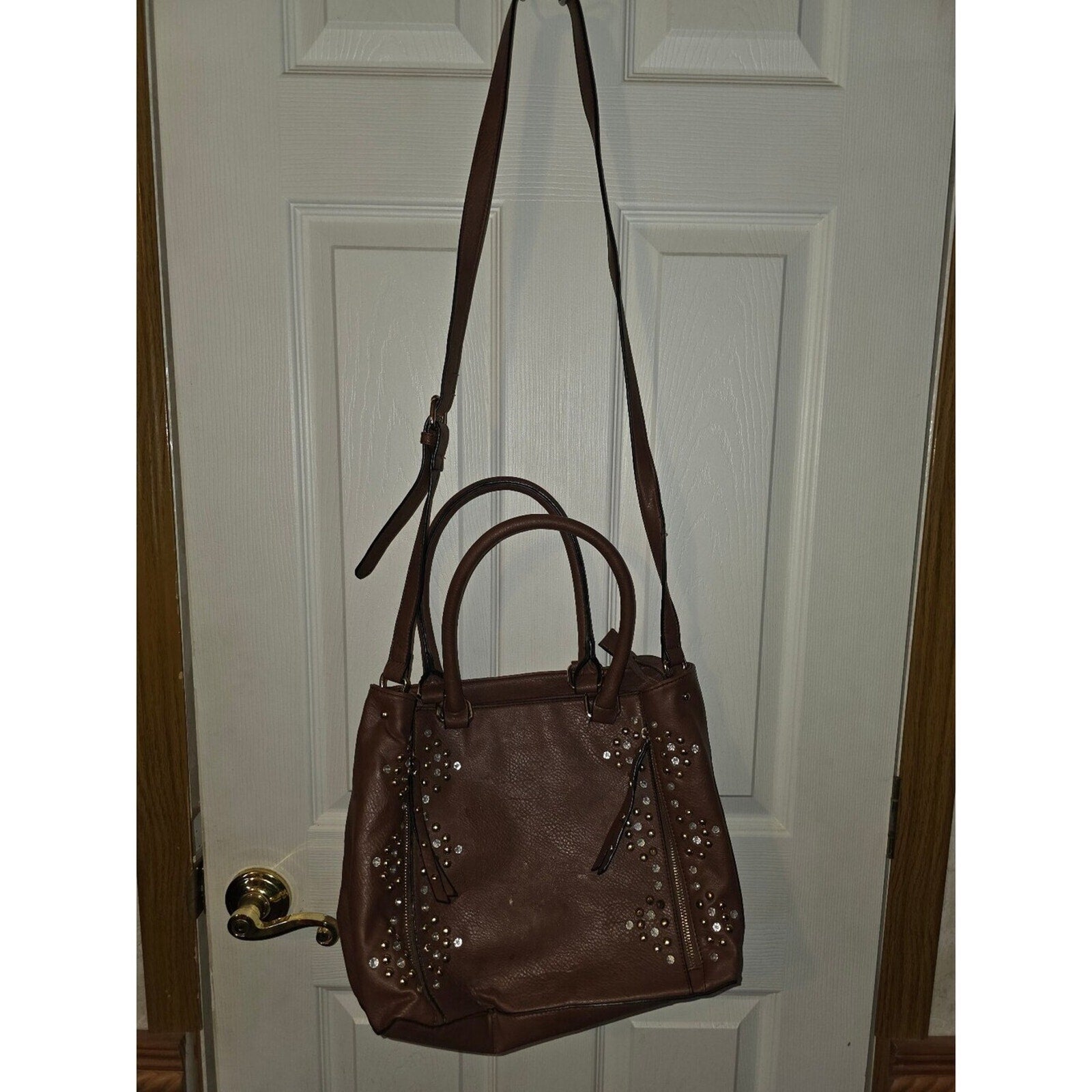 Brown studded tote bag