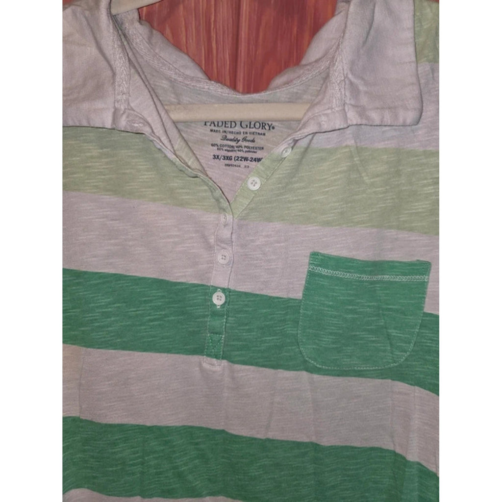 Faded Glory Green Gray Striped Slub Knit Polo Top 3X 22W-24W Pocket