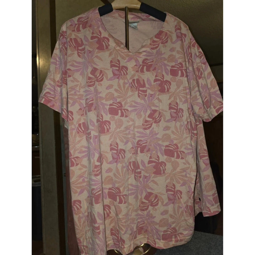 Vintage Fashion Bug Woman Plus Size 3X Pink Tropical Monstera Leaf Print T-Shirt
