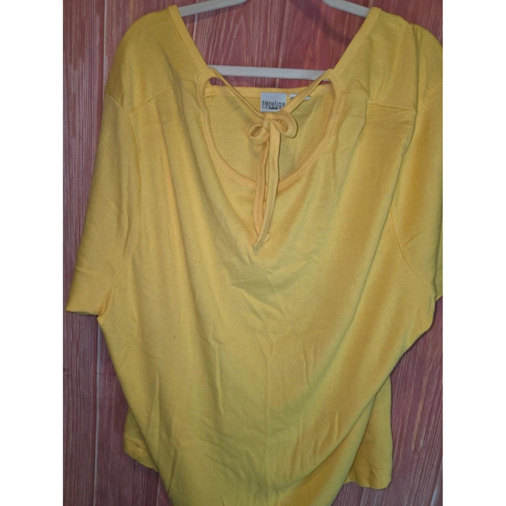 Extra Touch Bright Yellow Satin Trim Ribbon Tie Scoop Neck Top 3X Plus