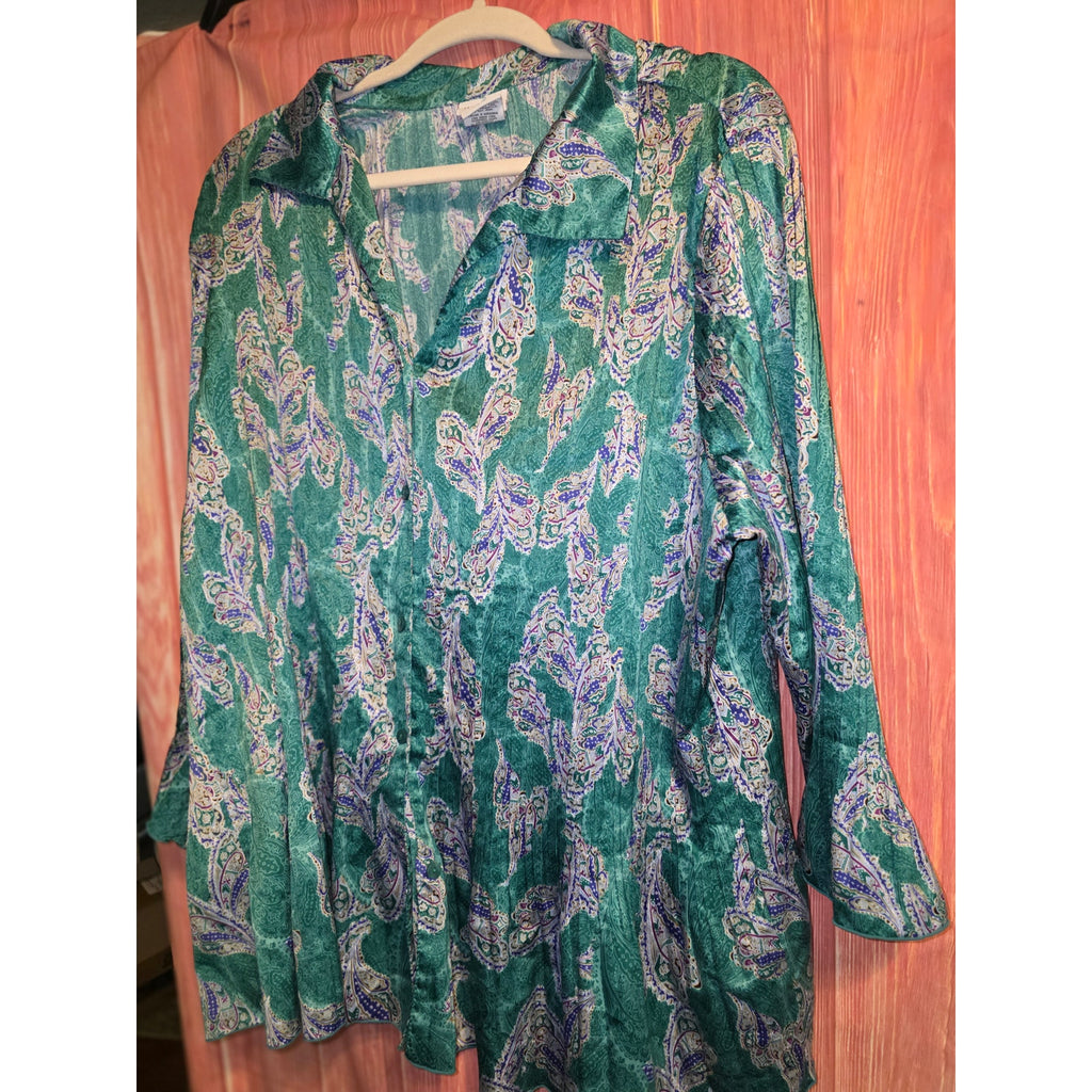 Jaclyn Smith Womens 3X Green Paisley Plisse Textured Satin Button Shirt Blouse