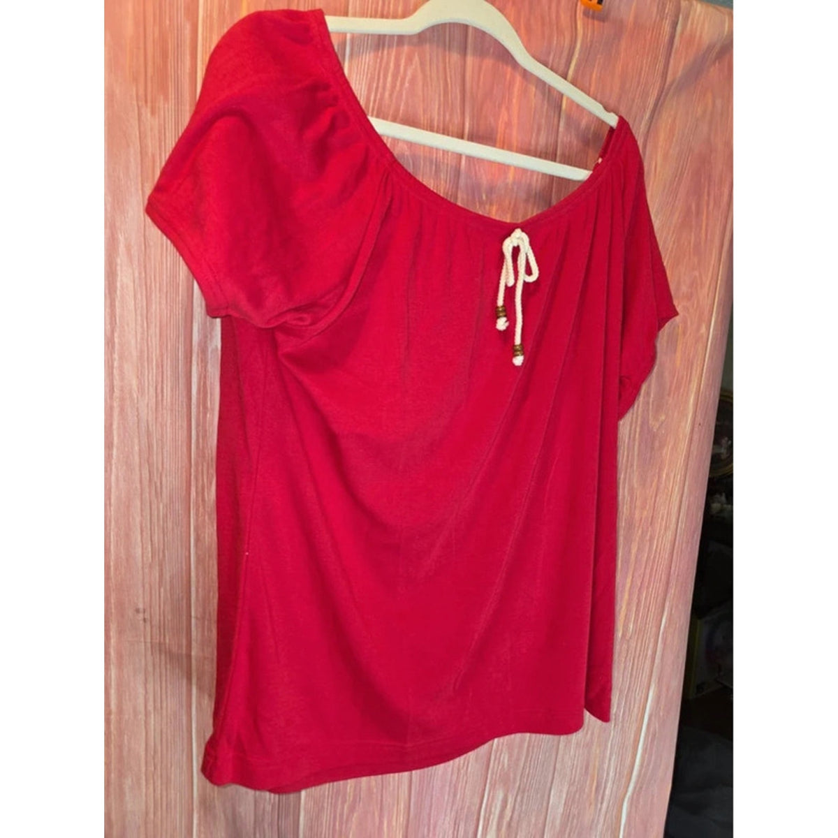 Carolina Colours Plus Red Beaded Drawstring Scoop Neck Peasant Top 20W