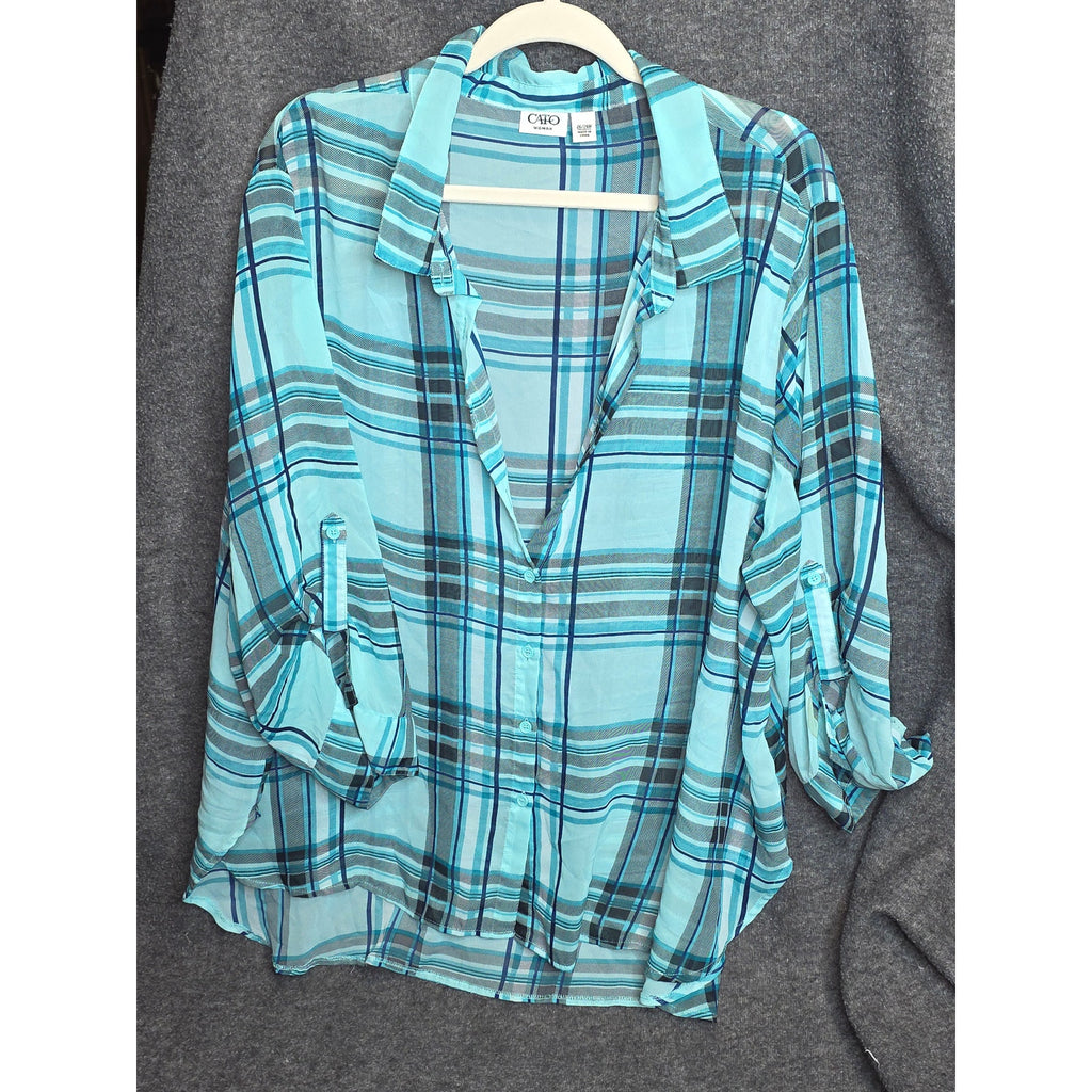 Cato Womens 26/28W Sheer Plaid Tunic Blouse Roll Tab Sleeve Aqua Teal Blue Casual