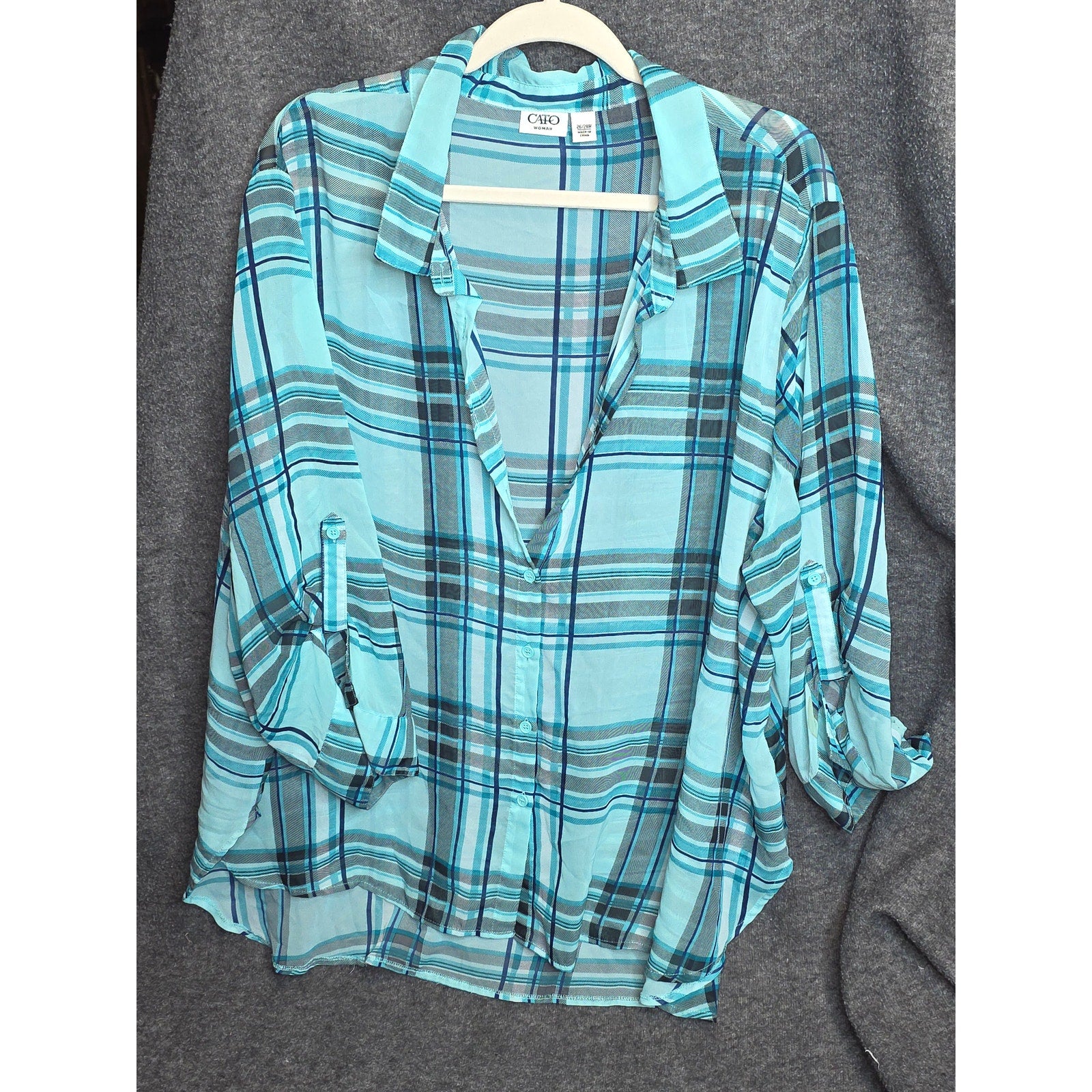 Cato Womens 26/28W Sheer Plaid Tunic Blouse Roll Tab Sleeve Aqua Teal Blue Casual
