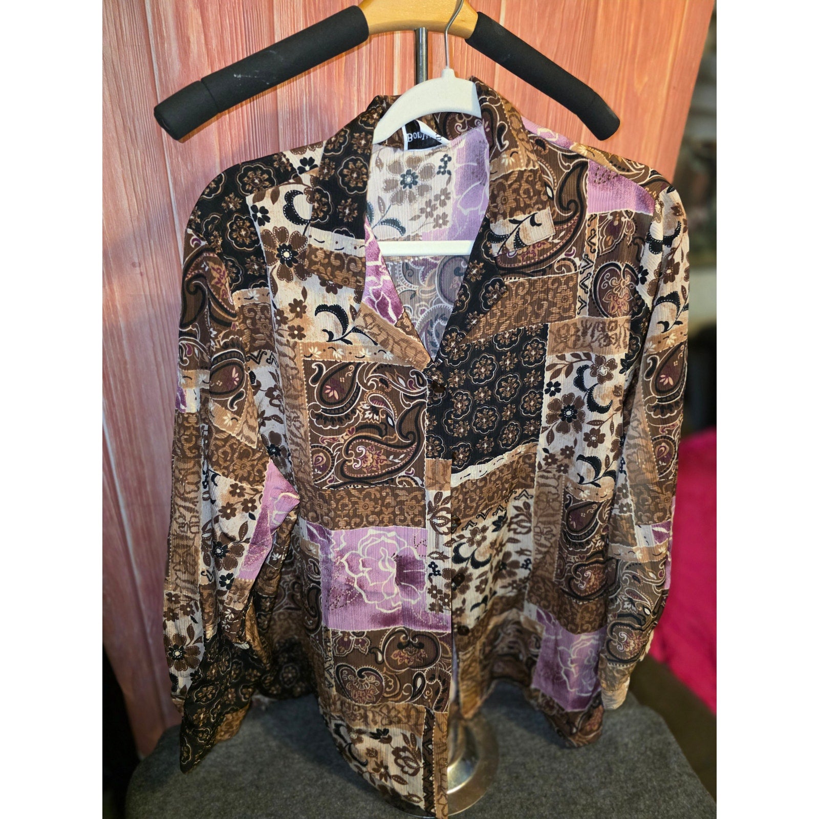 Bon Worth Womens 26/28 Plus Patchwork Paisley Floral Textured Knit Button Shirt