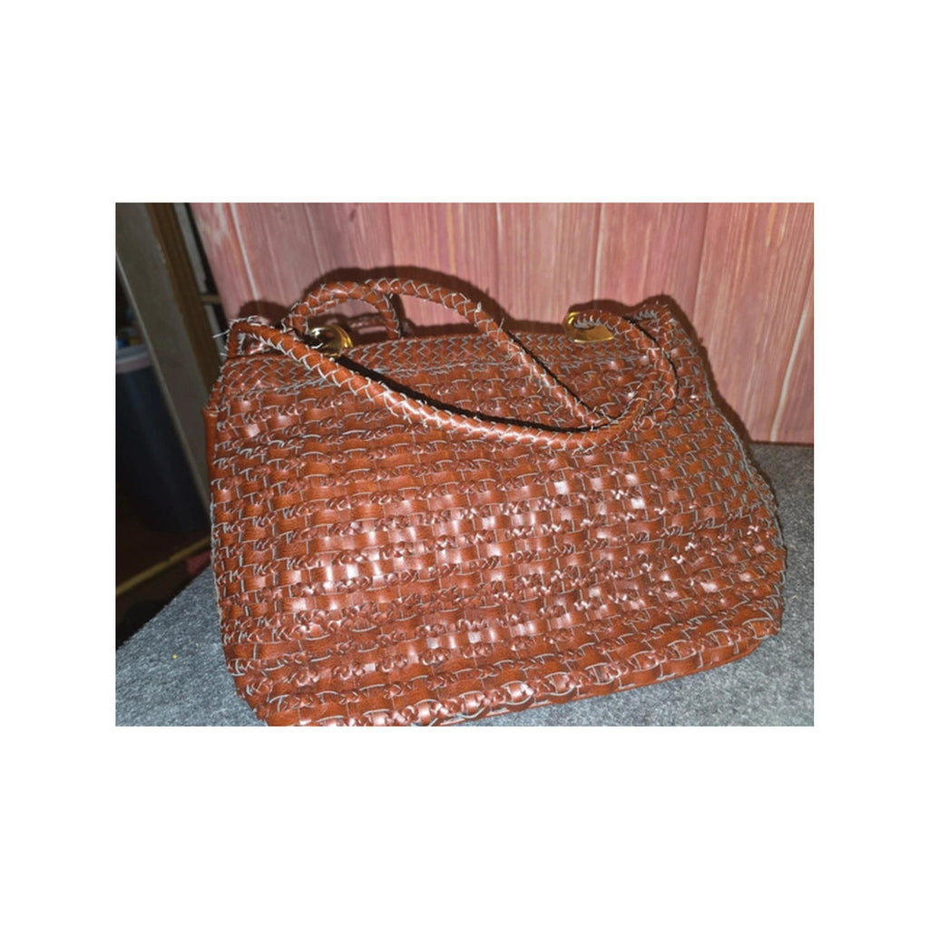 Vintage Cognac Brown Woven Faux Leather Braided Handles Gold Hardware Boho Purse