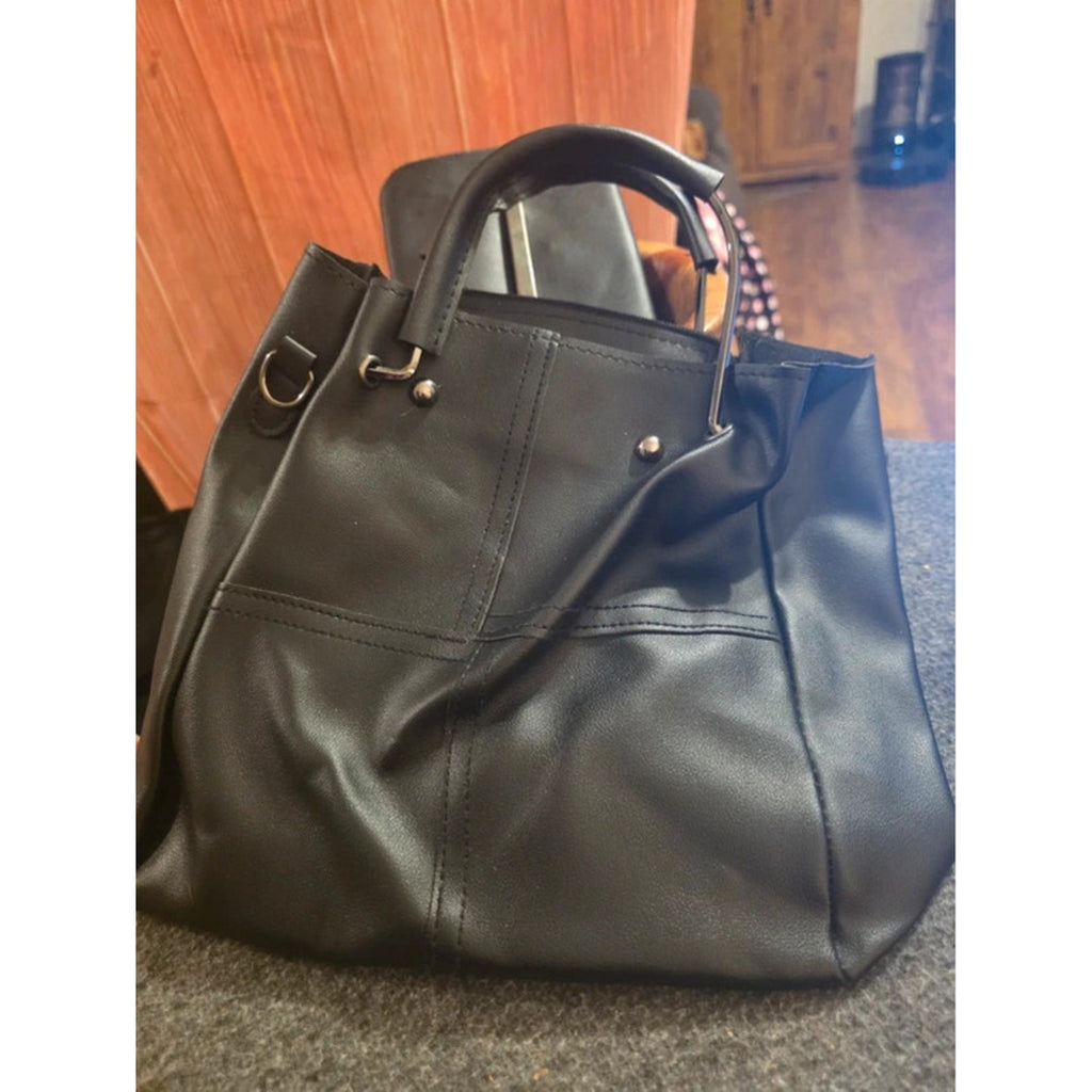 2 Pc Black Faux Leather Slouchy Bucket Shoulder Tote  & Matching Envelope Clutch