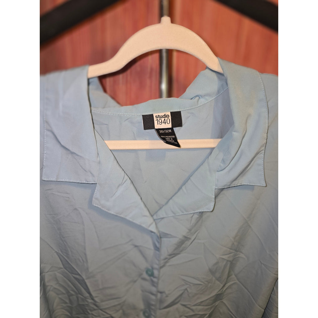 Studio 1940 Womens 30/32W Light Blue Button Down Blouse Long Sleeve Camp Collar