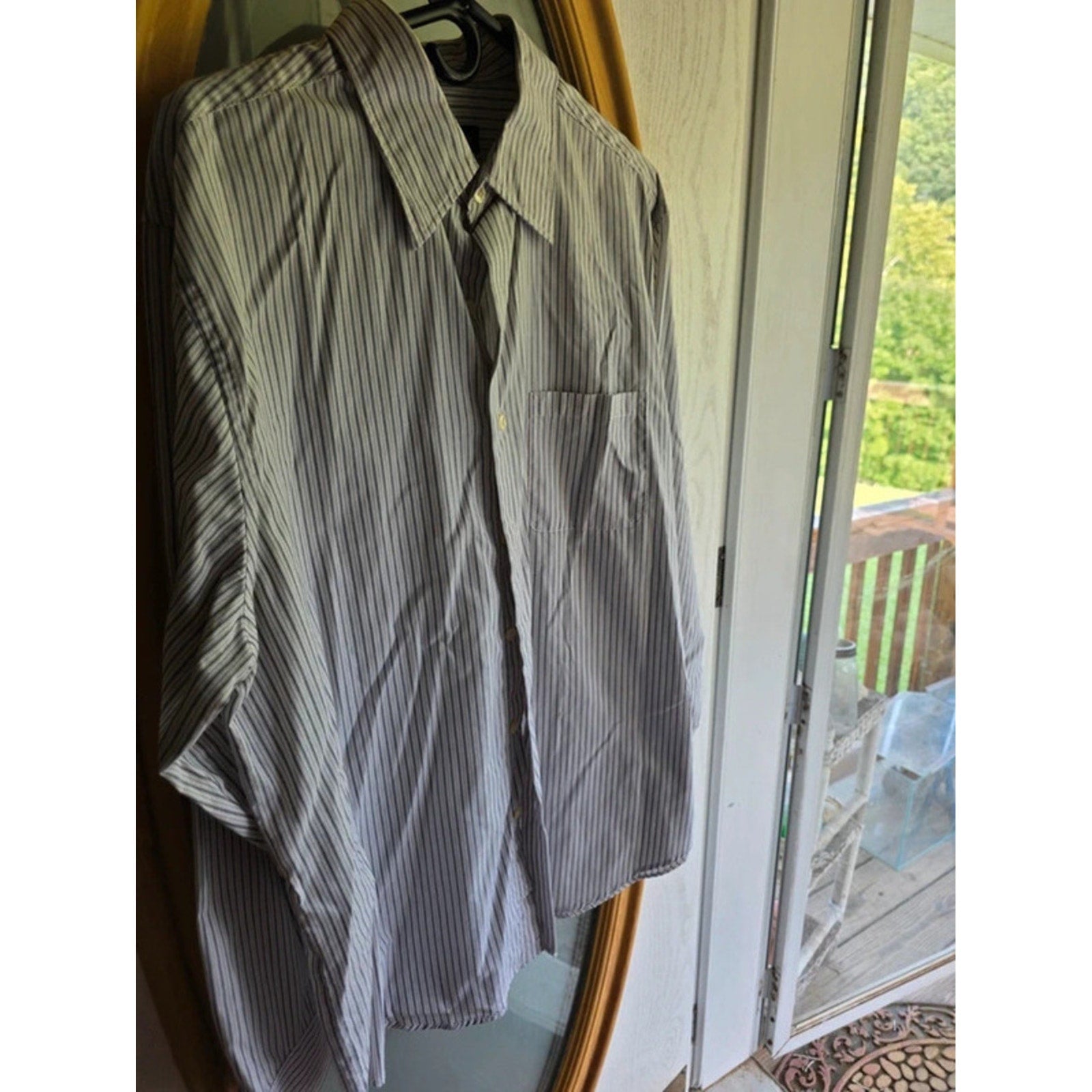 Van Heusen Mens Large 16-16.5 Striped Long Sleeve Dress Shirt Brown Beige