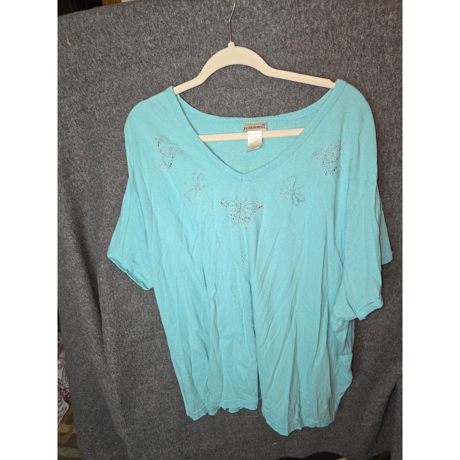 Fashion Bug Light Blue V-Neck Shirt with Rhinestone Butterfly and Flower Accents