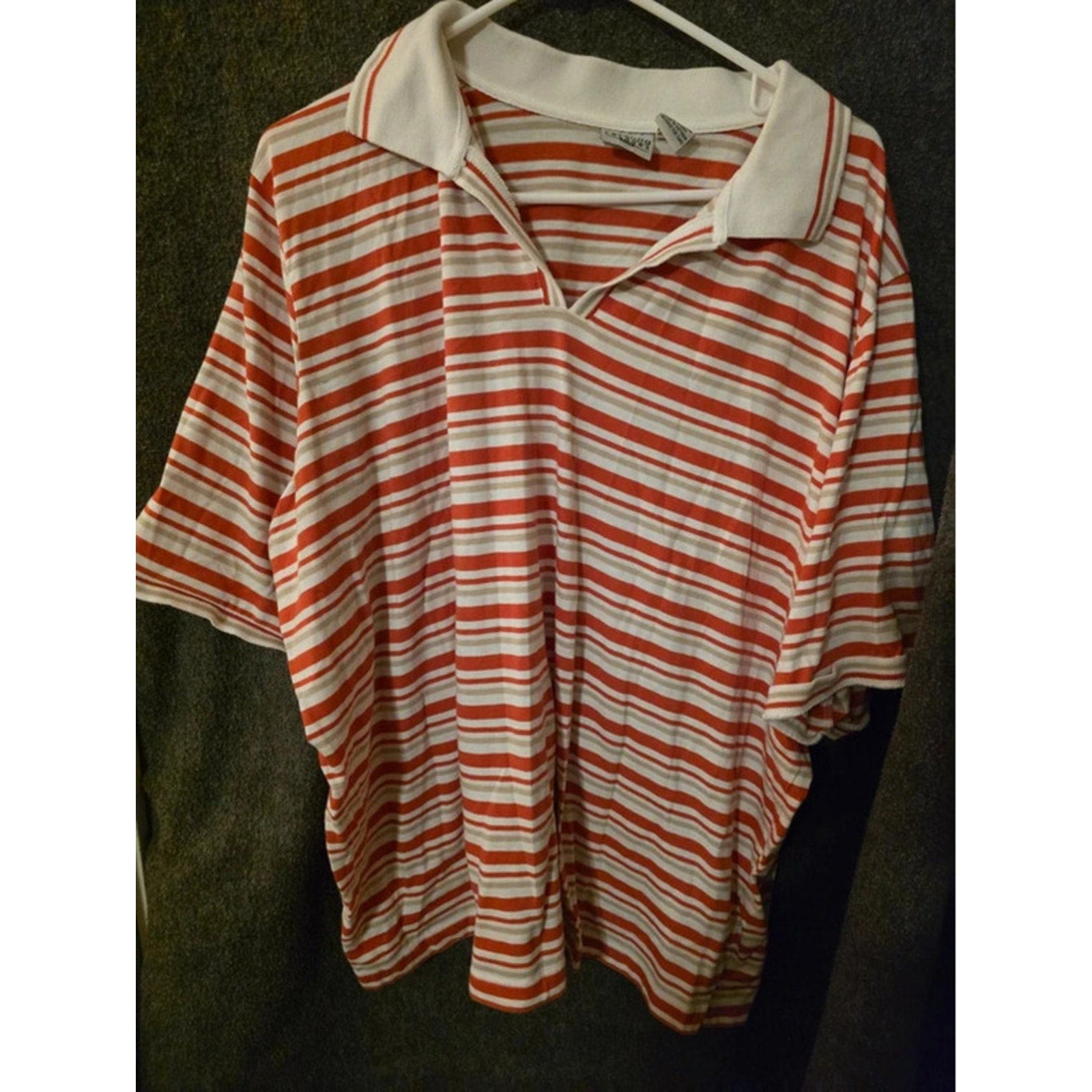 Carolina Colours Plus 26/28 Orange Beige Striped V-Neck Open Collar Polo Top