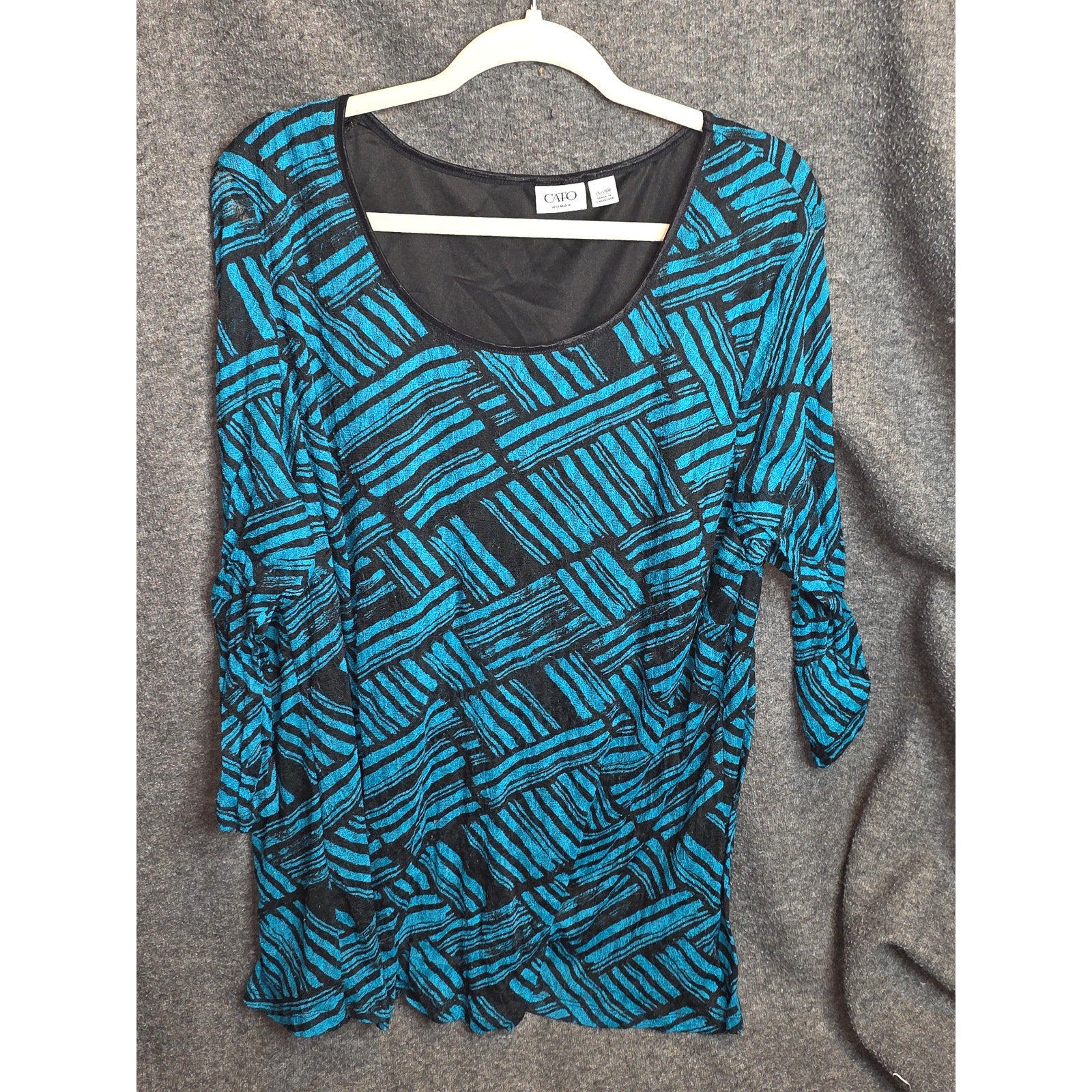 Cato Womens 26/28 Plus Geometric Textured Knit Top 3/4 Ruched Sleeve Teal Black