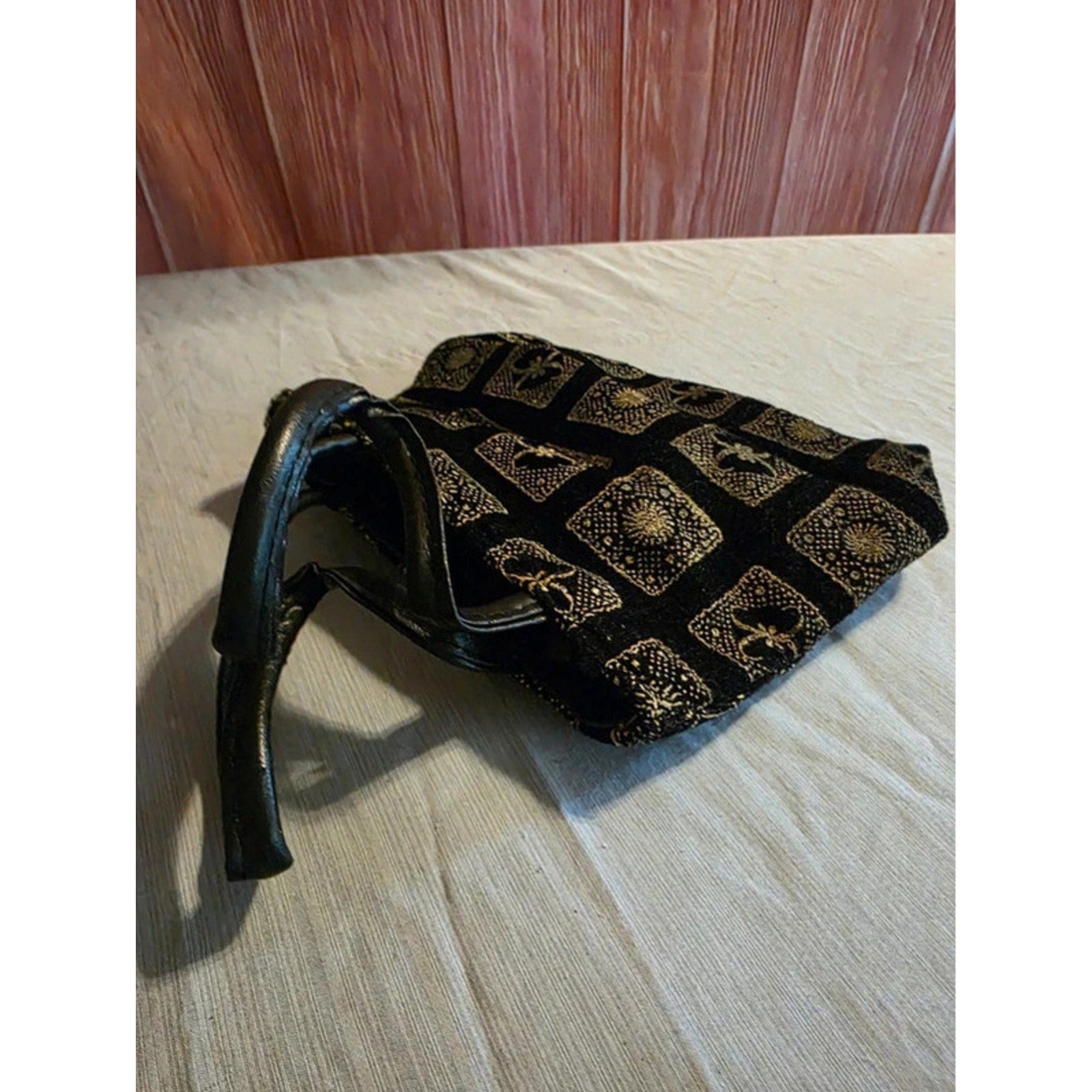 Vintage Black & Gold Tapestry Jacquard Mini Handbag - Metallic Fleur-de-Lis