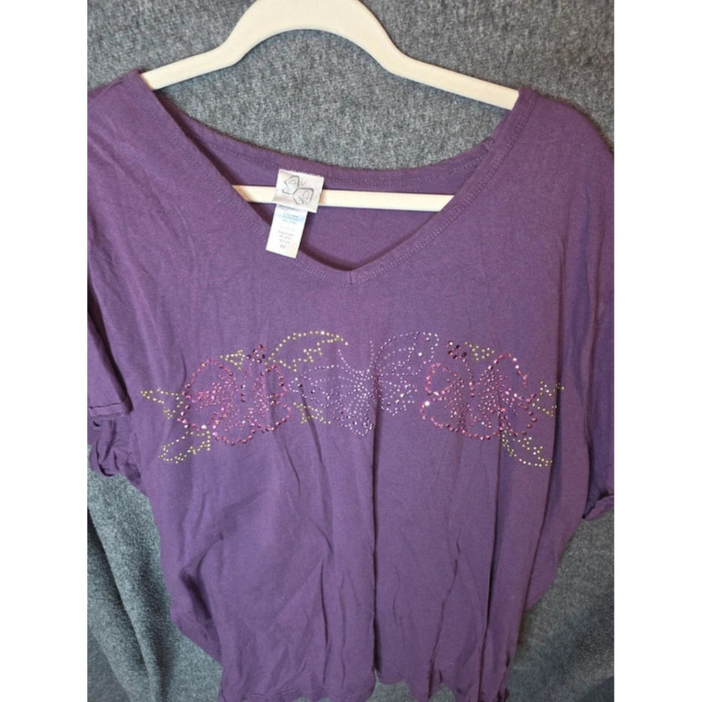 Purple V-Neck Short Sleeve Top with Butterfly Rhinestone Design