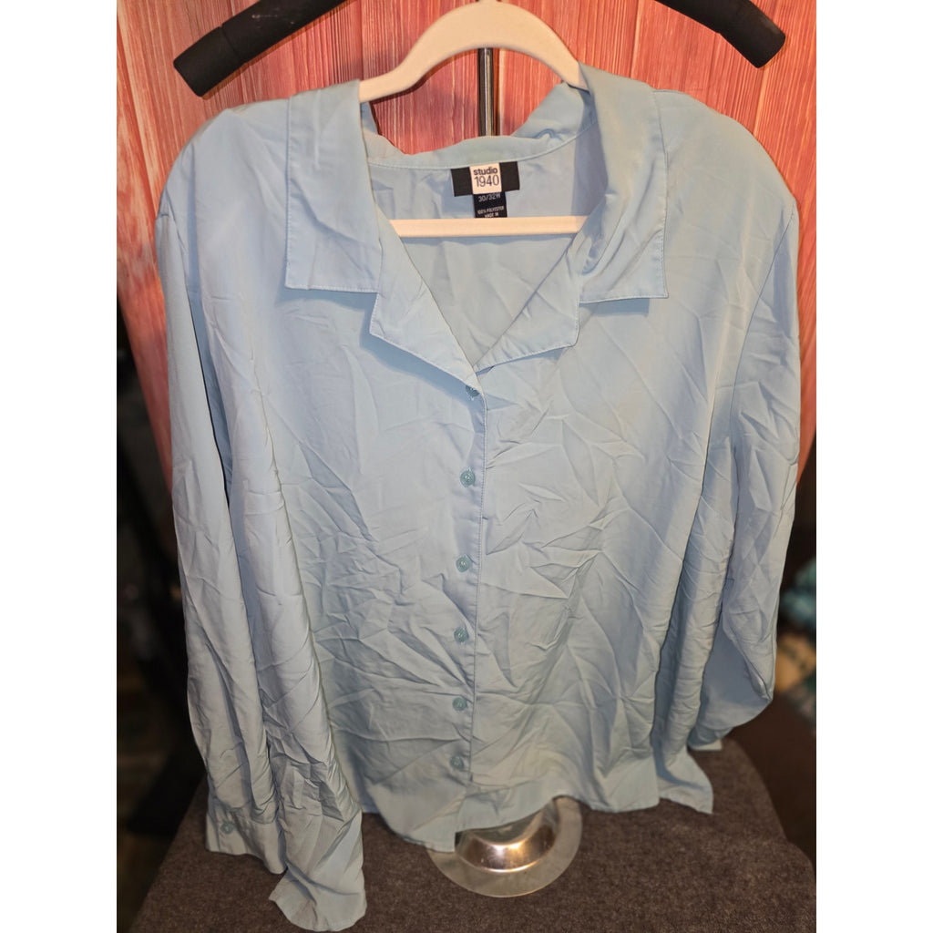 Studio 1940 Womens 30/32W Light Blue Button Down Blouse Long Sleeve Camp Collar