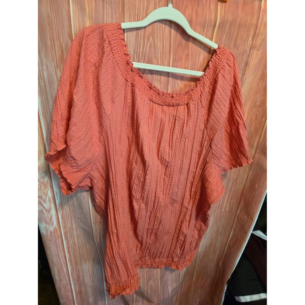 Boho Peasant Blouse Top Coral Salmon Crinkle Textured Smocked Scoop Neck