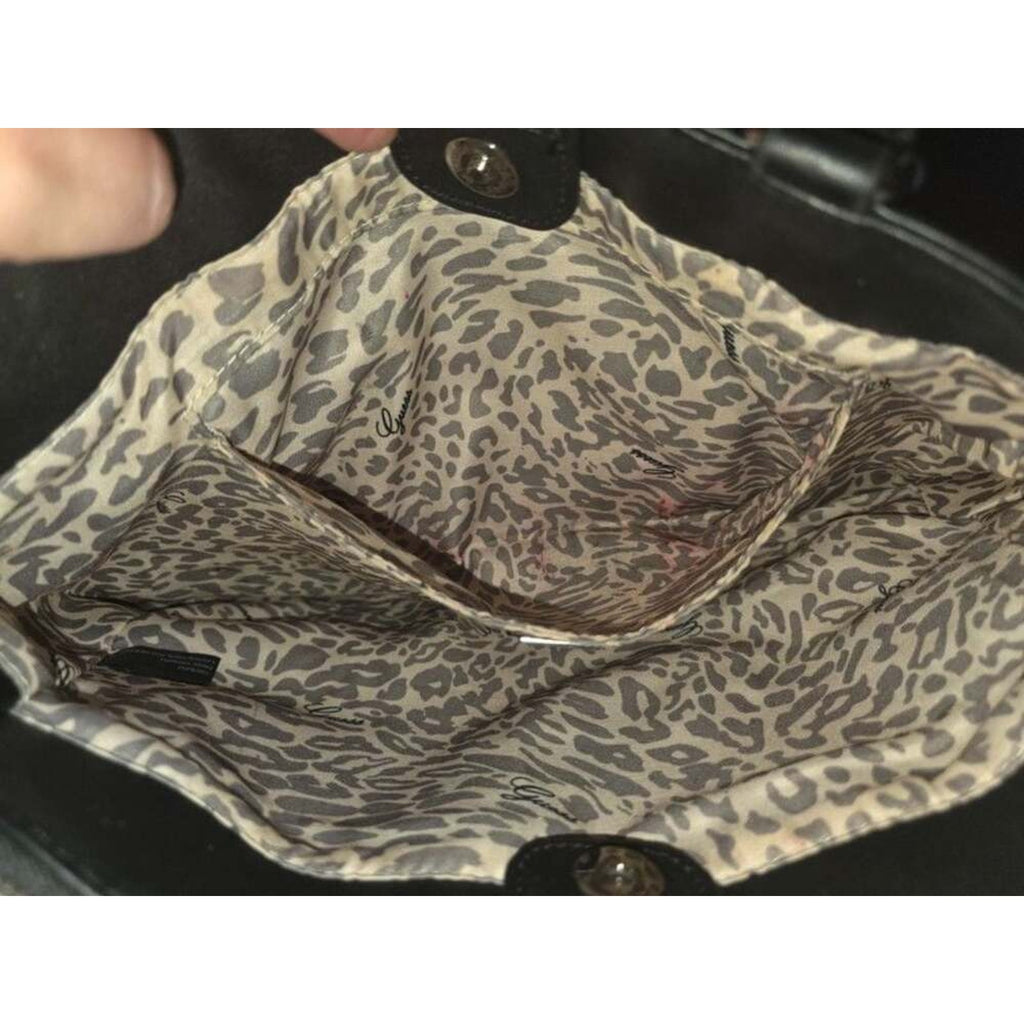 Guess Black Quilted Faux Leather Padlock Satchel Tote Bag Leopard Cheetah Lining