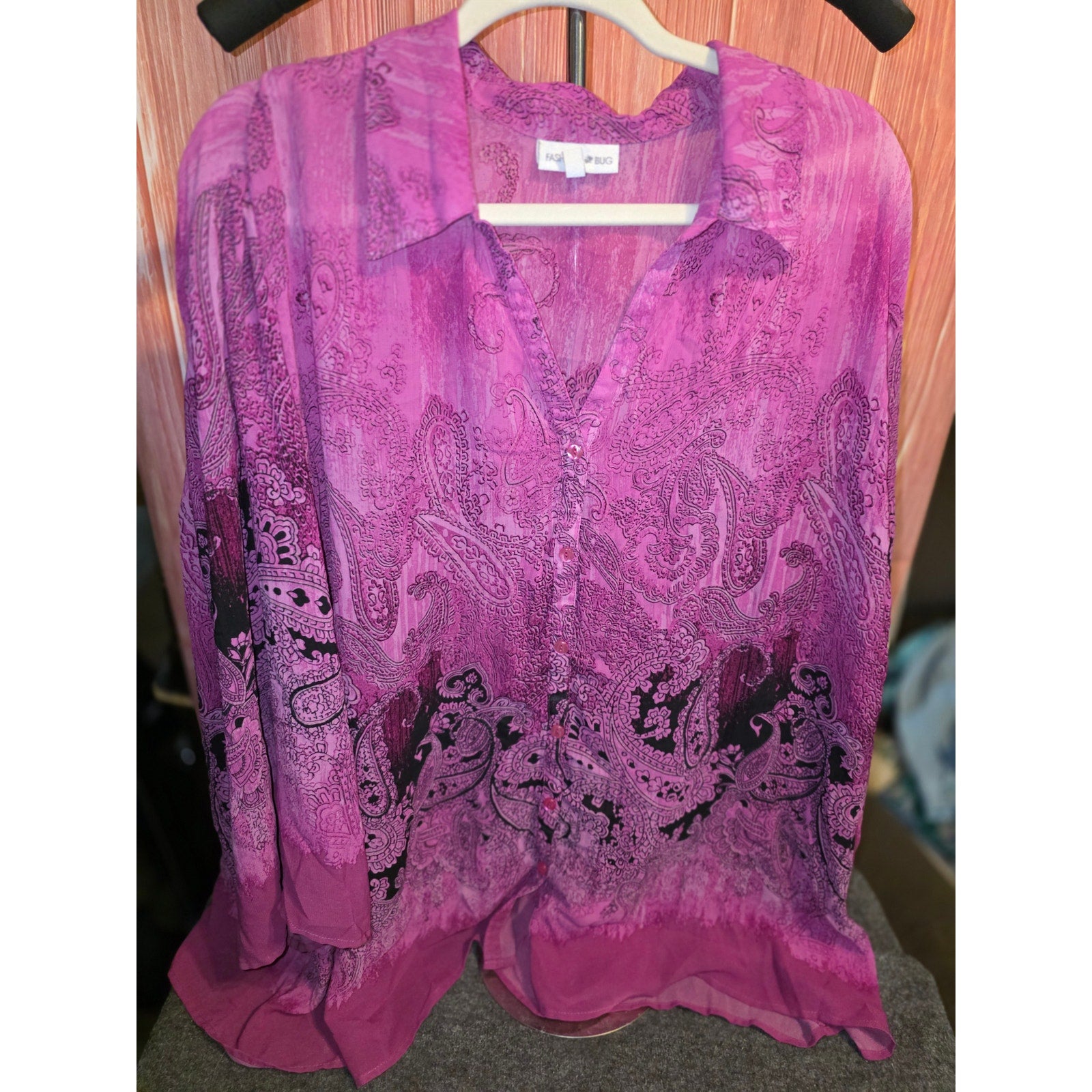 Fashion Bug Womens 4X Purple Paisley Chiffon Button Blouse Long Sleeve Layered