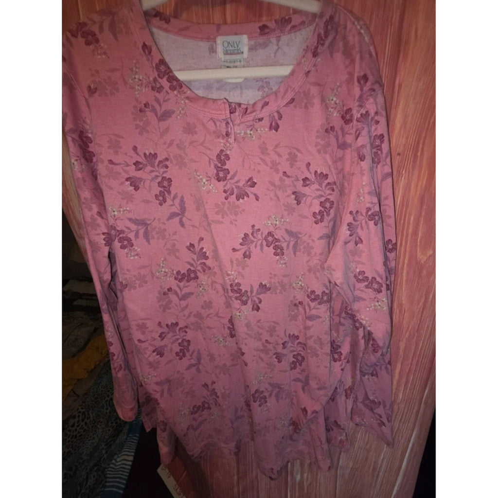 Only Necessities Vintage Pink Floral Long Sleeve HenleyTop 2X Plus