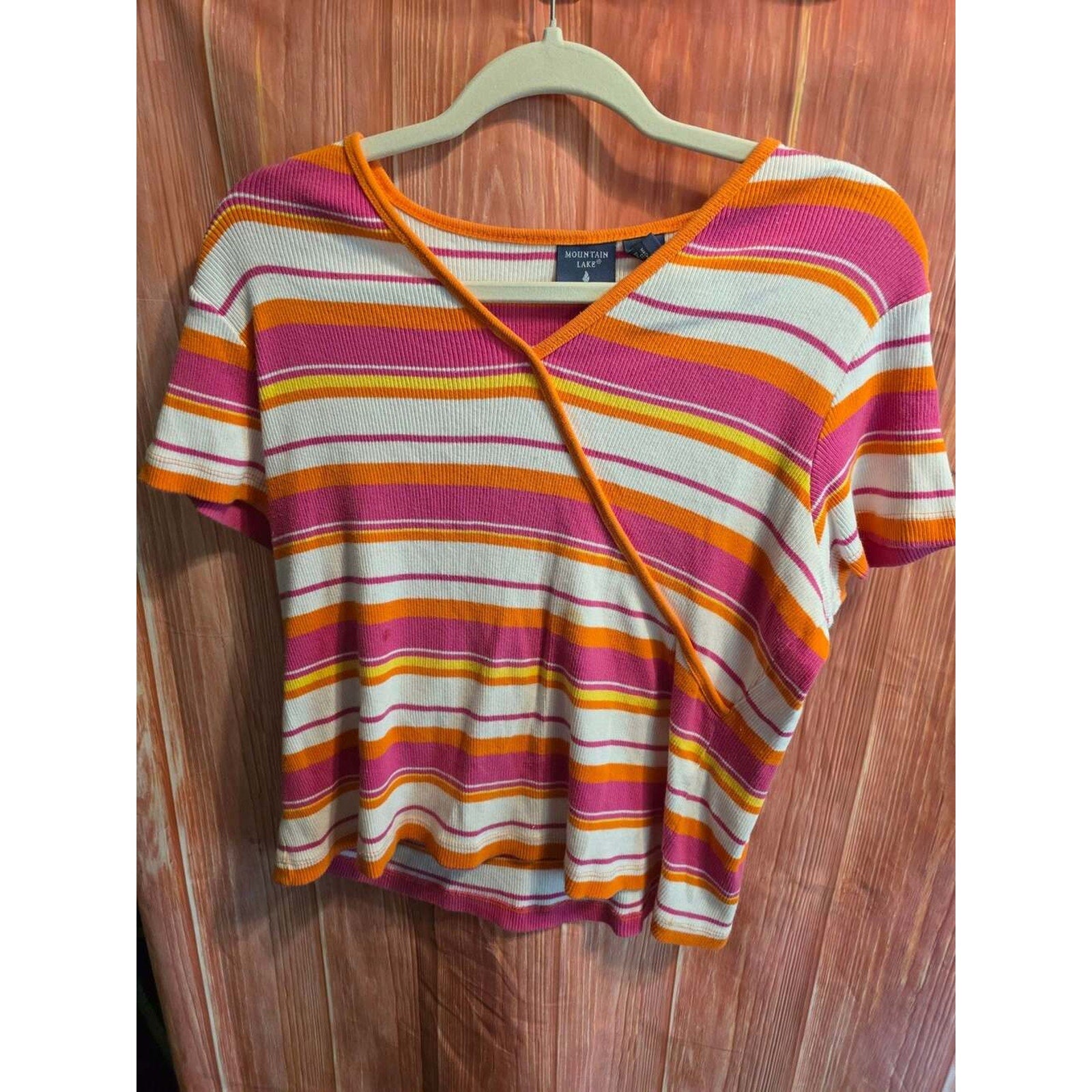Mountain Lake Short Sleeve Striped V-Neck Wrap Knit T-Shirt Medium