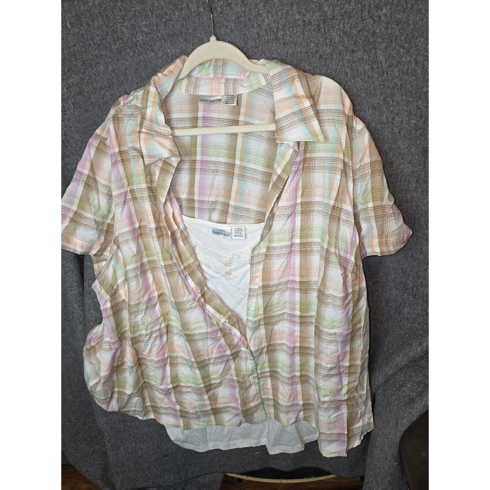 Fashion Bug Women's Button-Up Plaid Blouse with White Tank Top 30/32