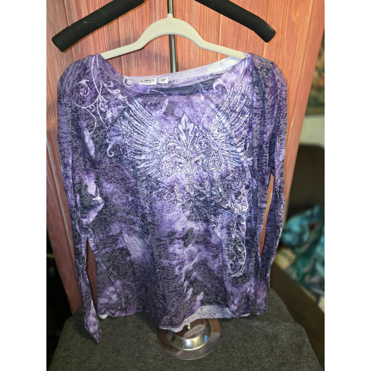 Cato Womens 26/28W Purple Acid Wash Graphic Top Rhinestone Wing Y2K Long Sleeve
