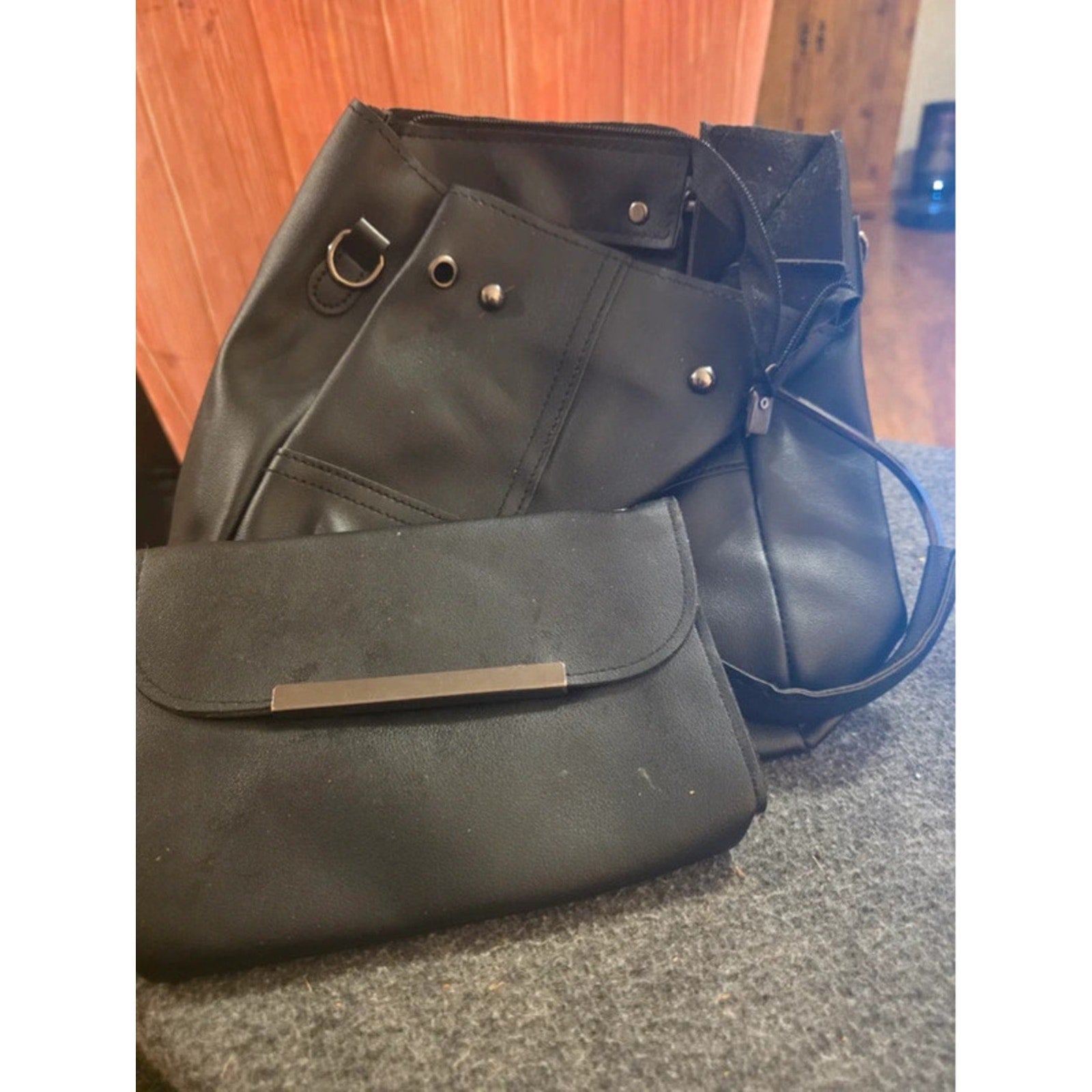 2 Pc Black Faux Leather Slouchy Bucket Shoulder Tote  & Matching Envelope Clutch