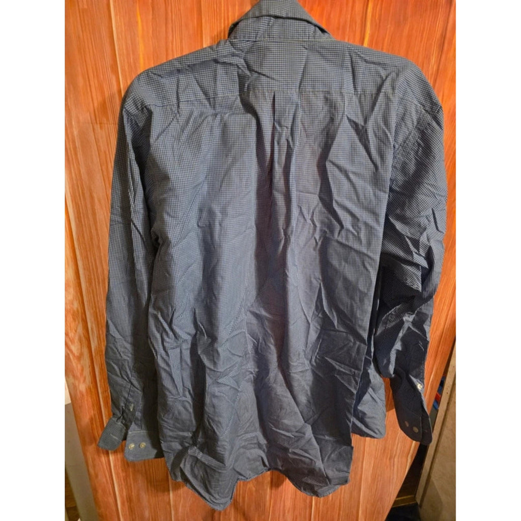 GH Bass Mens Large Button Down Shirt Long Sleeve Blue Micro Gingham 16-16.5