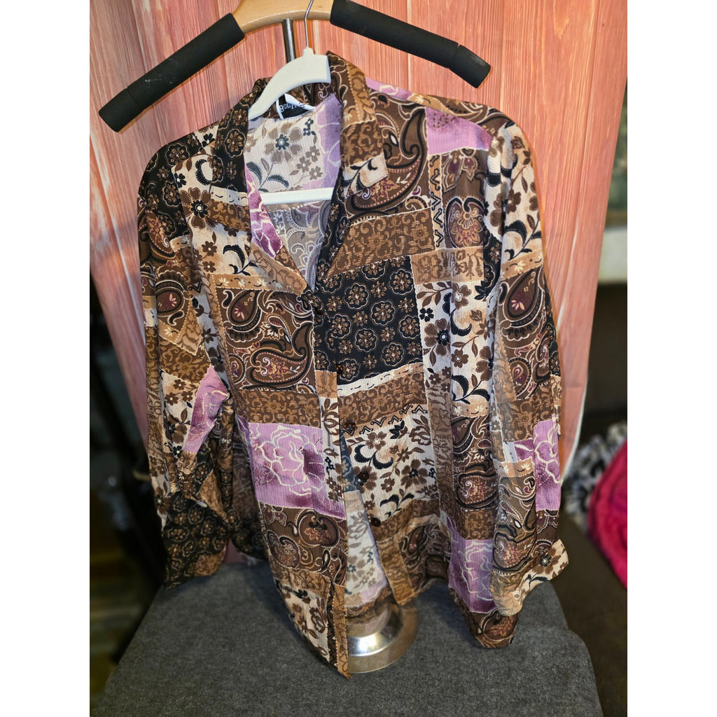 Bon Worth Womens 26/28 Plus Patchwork Paisley Floral Textured Knit Button Shirt
