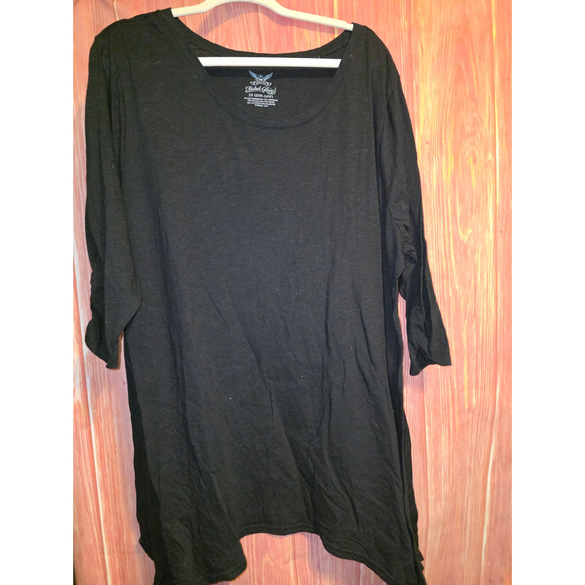 Faded Glory Womens 3X 22W/24W Black Sharkbite Hem Tunic Top 3/4 Ruched Sleeve Tee
