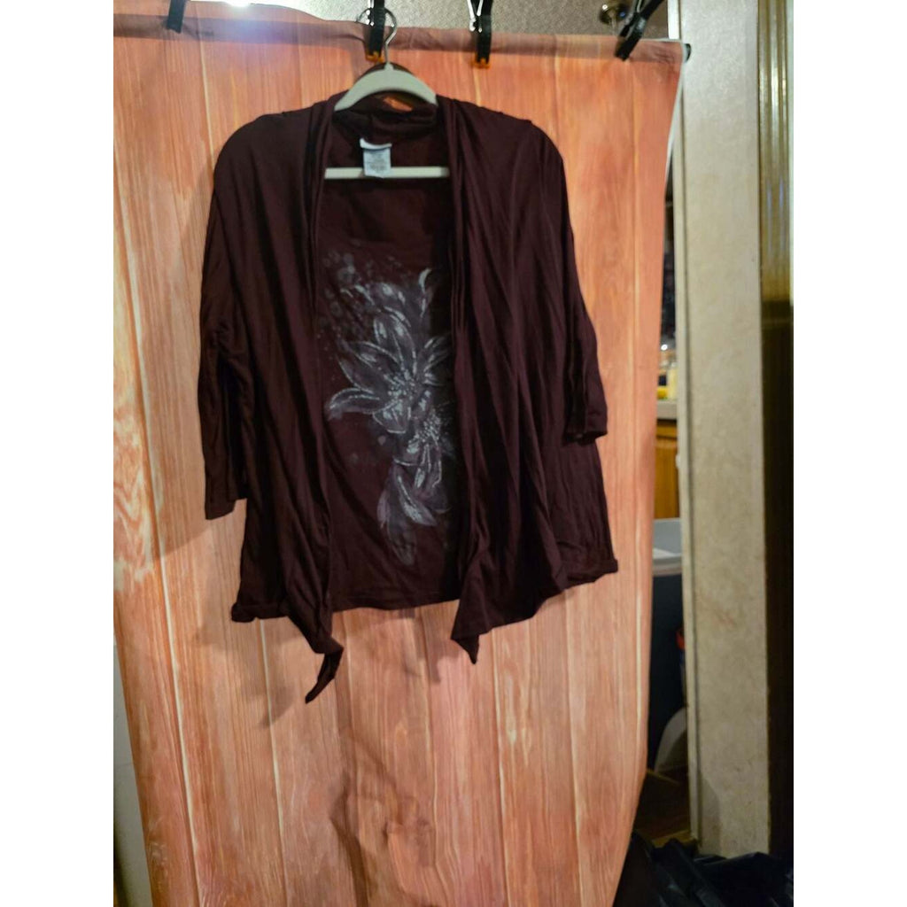 Jaclyn Smith Women's Plus Size 3X Burgundy Open Front Cardigan with Floral Graph