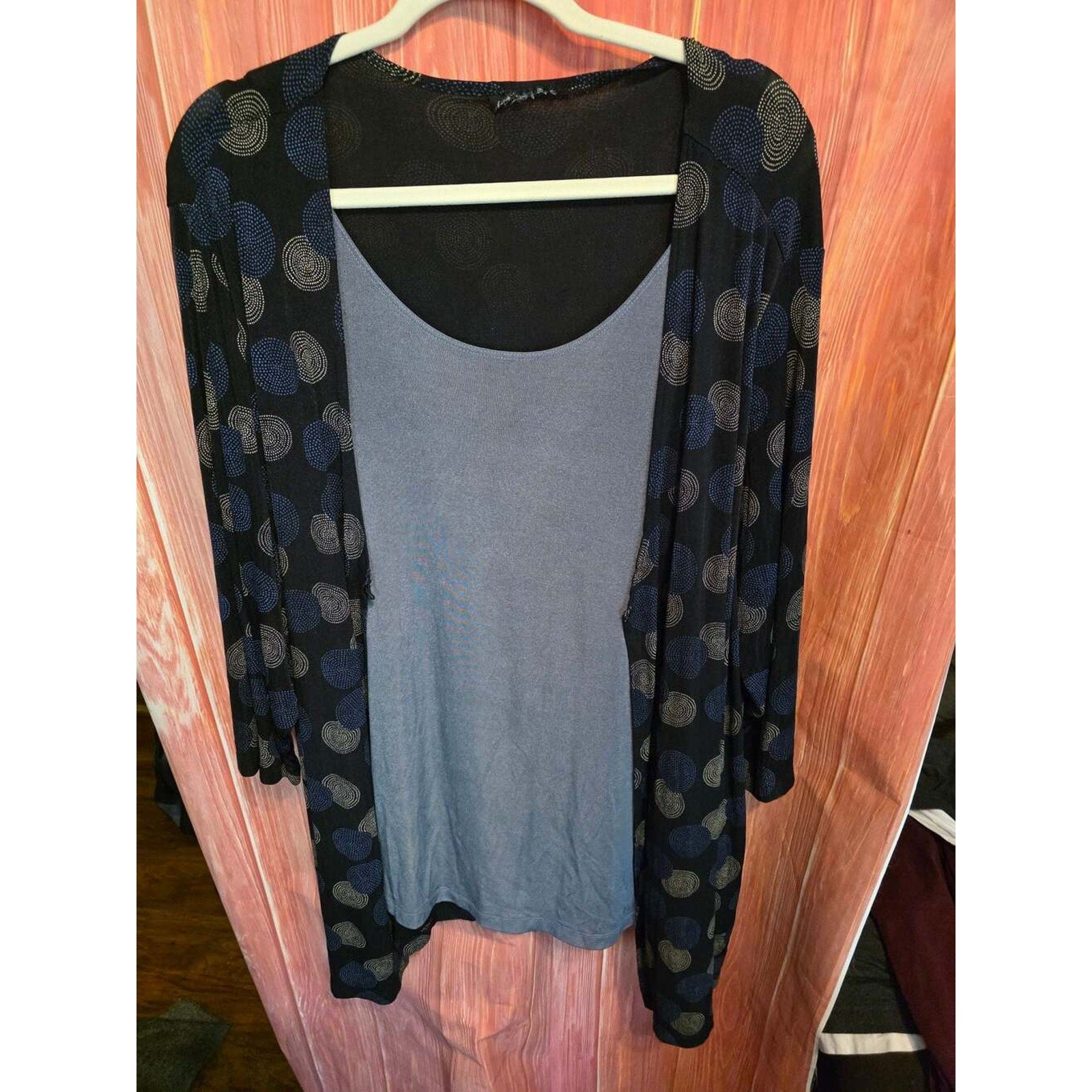 Rose in Green Cardigan and Tank Top Set Black Blue Circle Pattern Size XL