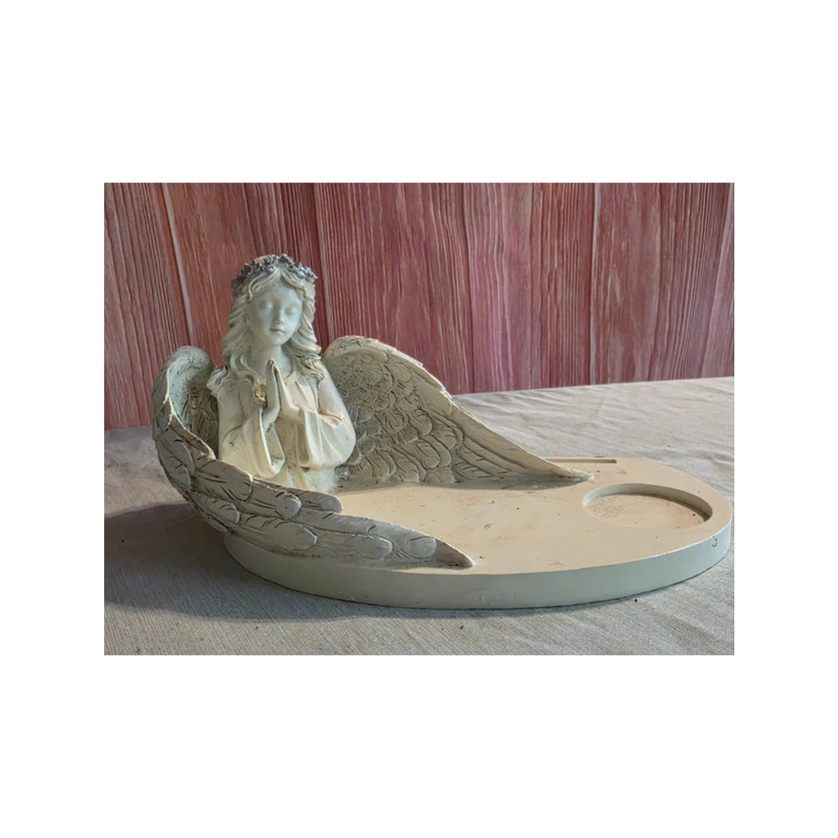 Off-White Praying Angel Resin Display Stand w/ Candle Well & Photo Slot